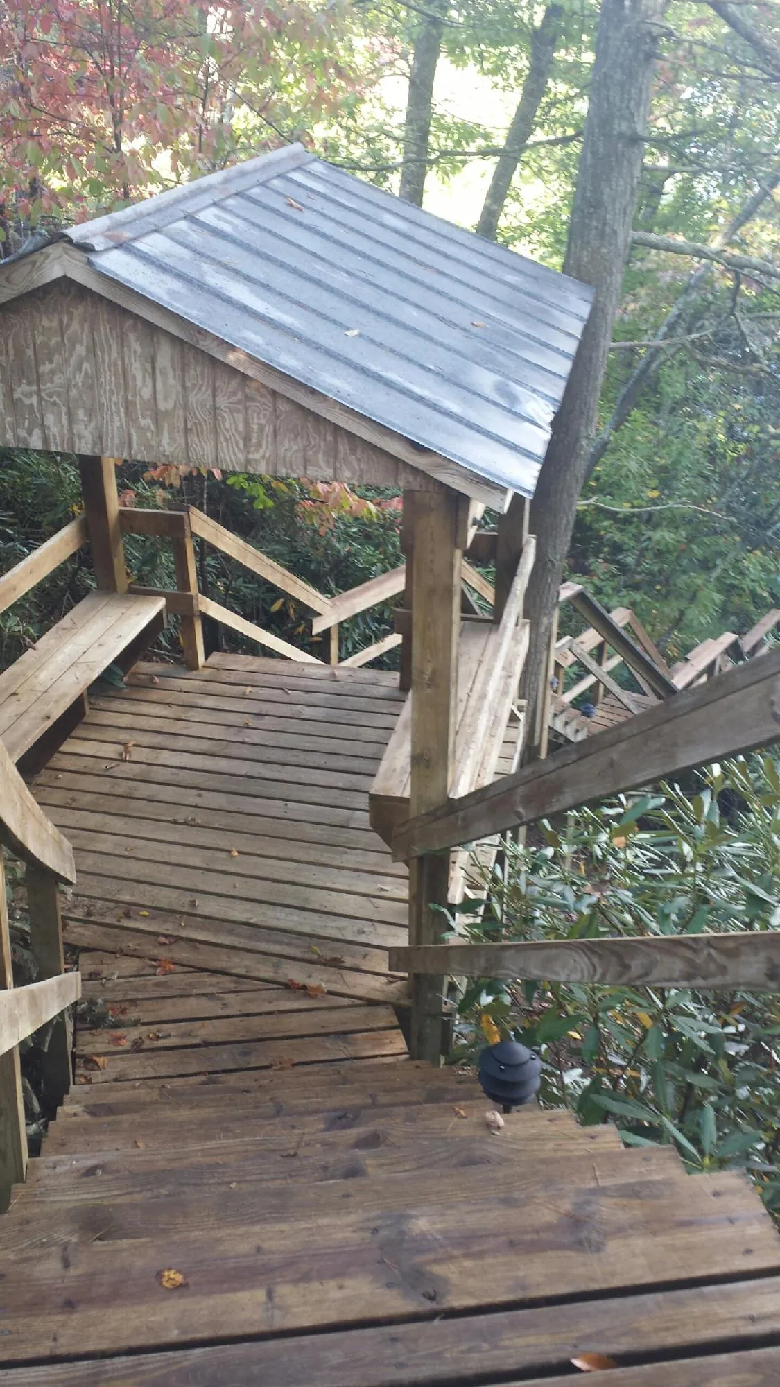Metal roofed shelter over wooden steps on a wooded walkway — Skylight Repair & Installation work by our crew in Meadow Valley